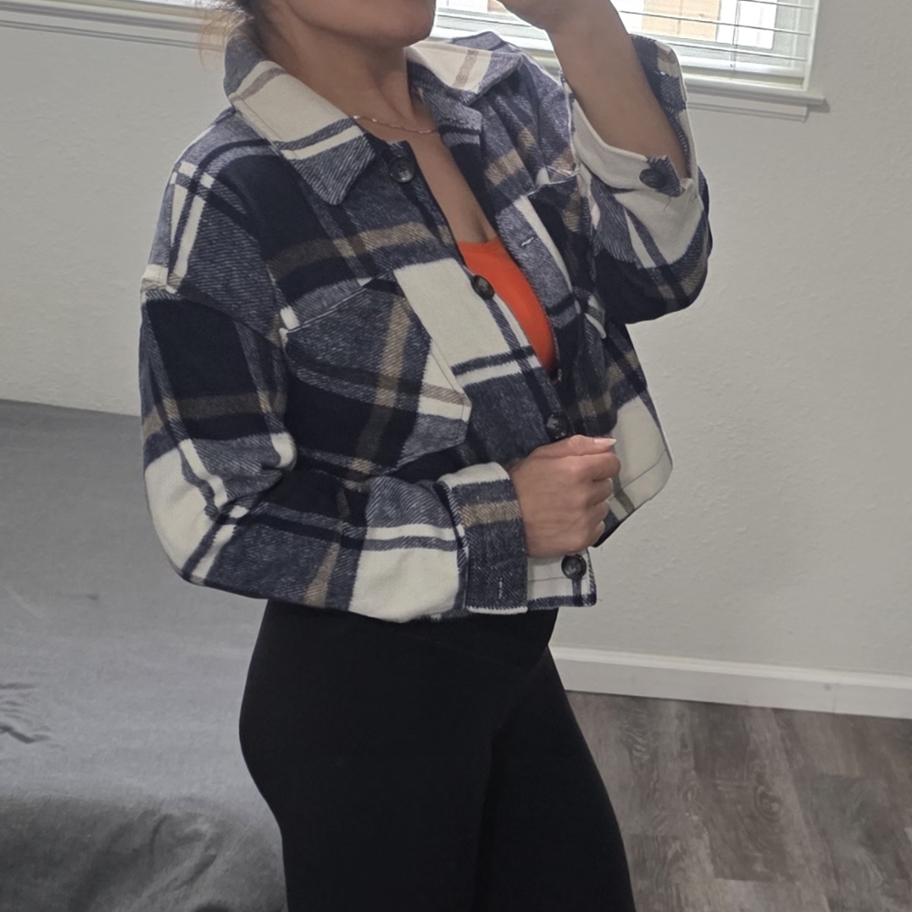 Women's Plaid Pea Coat - Navy and Cream